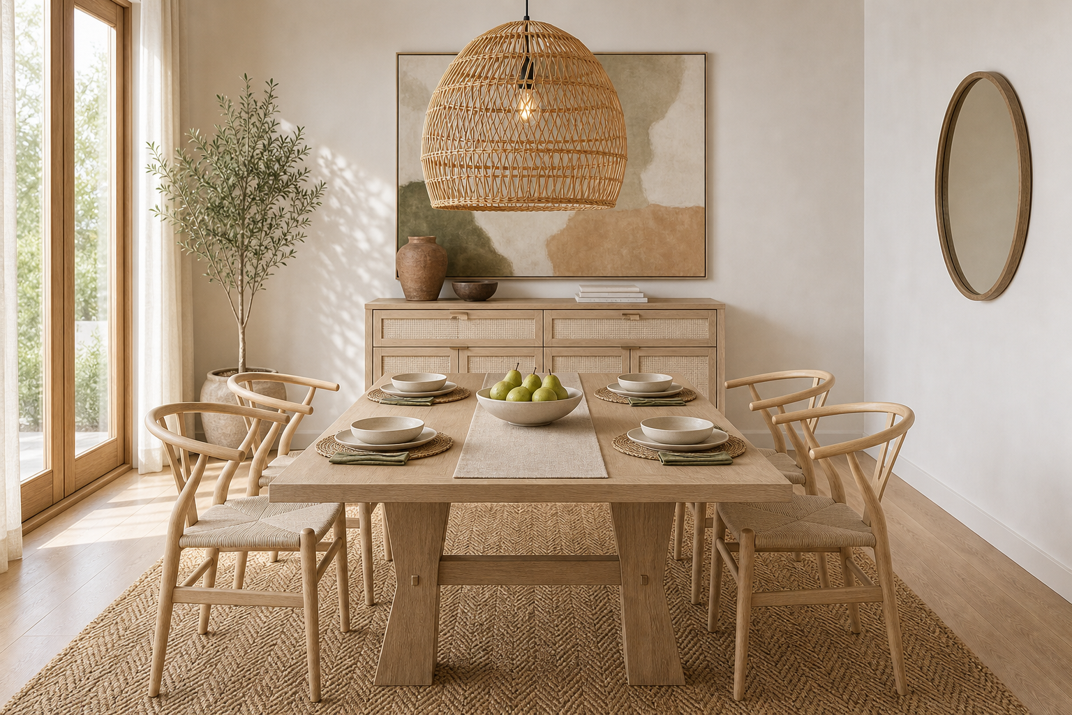 An Airy Organic Dining Room in Light Wood and Natural Texture