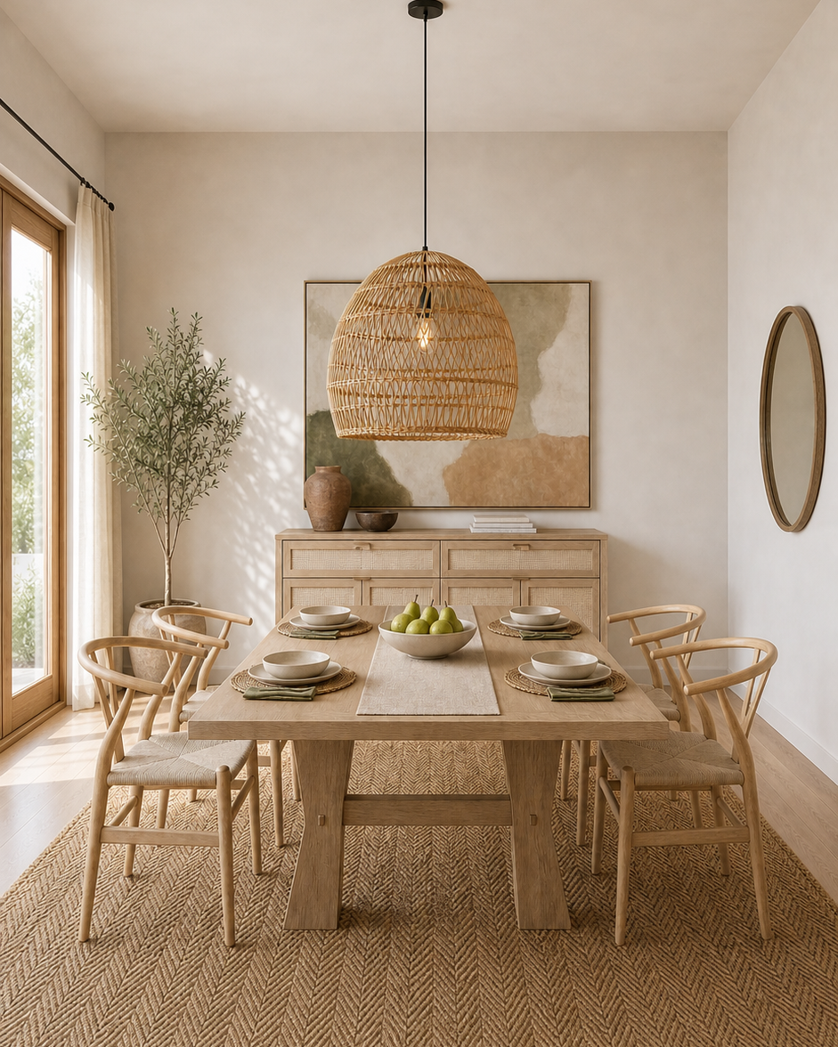 Portrait view of an airy organic dining room in pale wood, cream, jute, and olive green