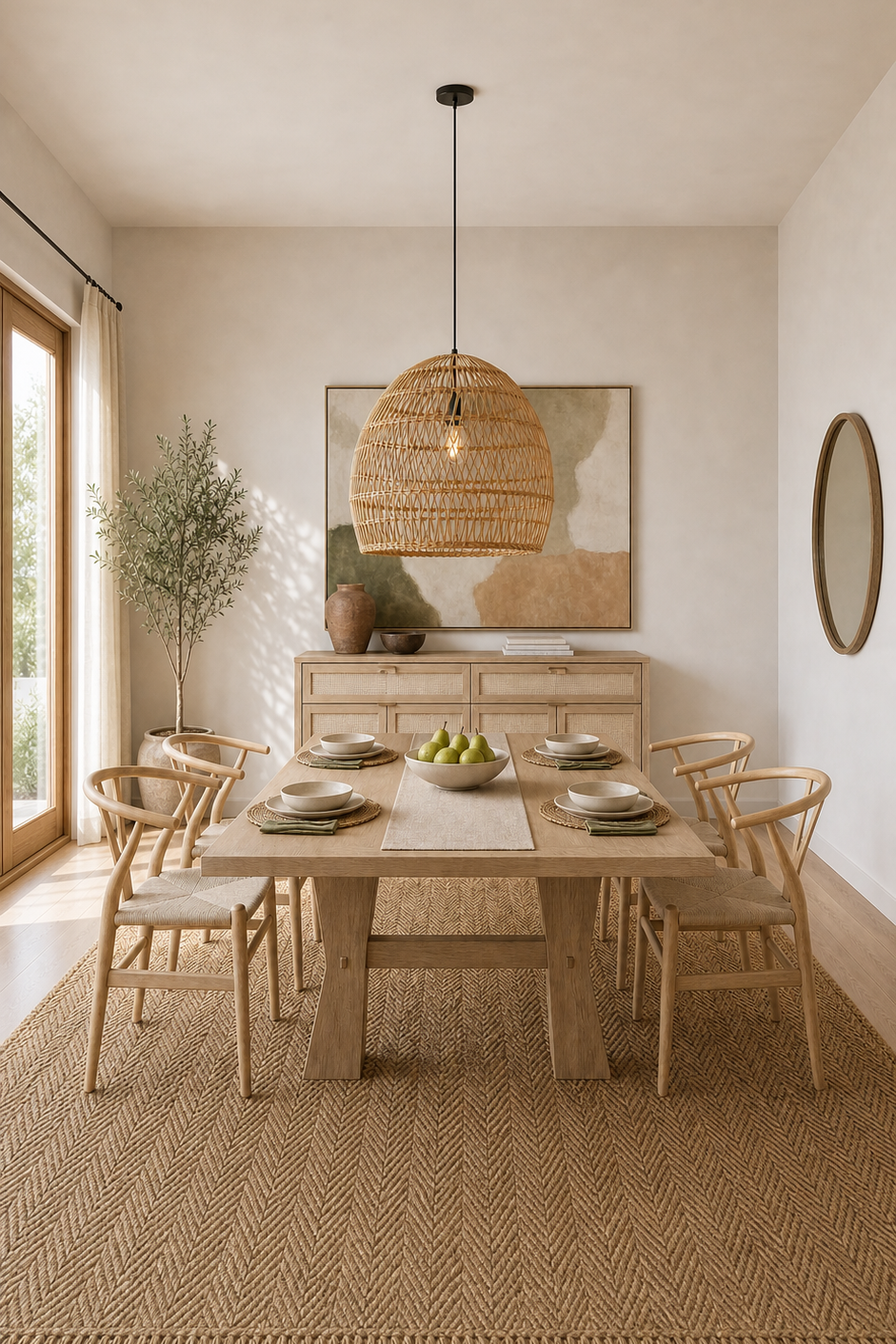 Vertical full-room view of an airy organic dining room with four wishbone chairs and a woven pendant