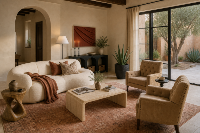 Architectural desert villa living room with a cream curved sofa, two camel chairs, terracotta rug, and pale stone coffee table