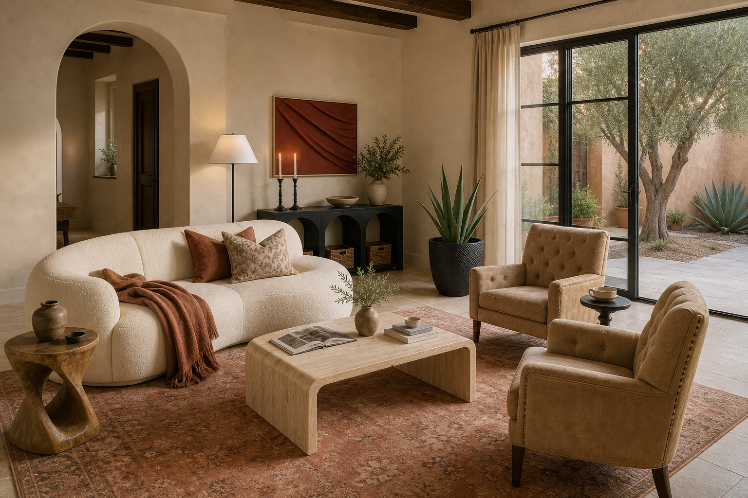 An Architectural Desert Villa Living Room in Terracotta and Camel