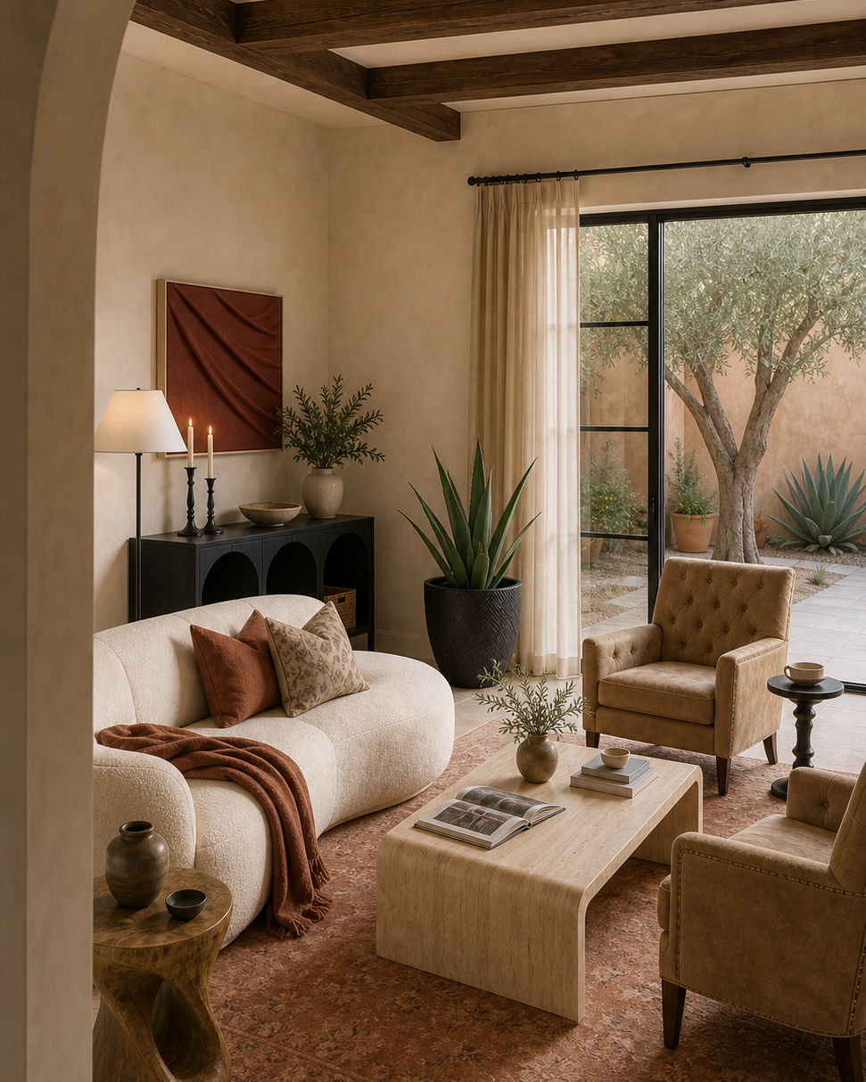 Vertical view of the warm desert villa living room styled for Instagram