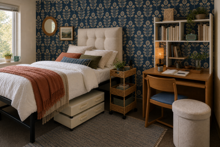 Sophisticated boho college dorm room with one indigo botanical wallpapered wall behind the Twin XL bed and desk