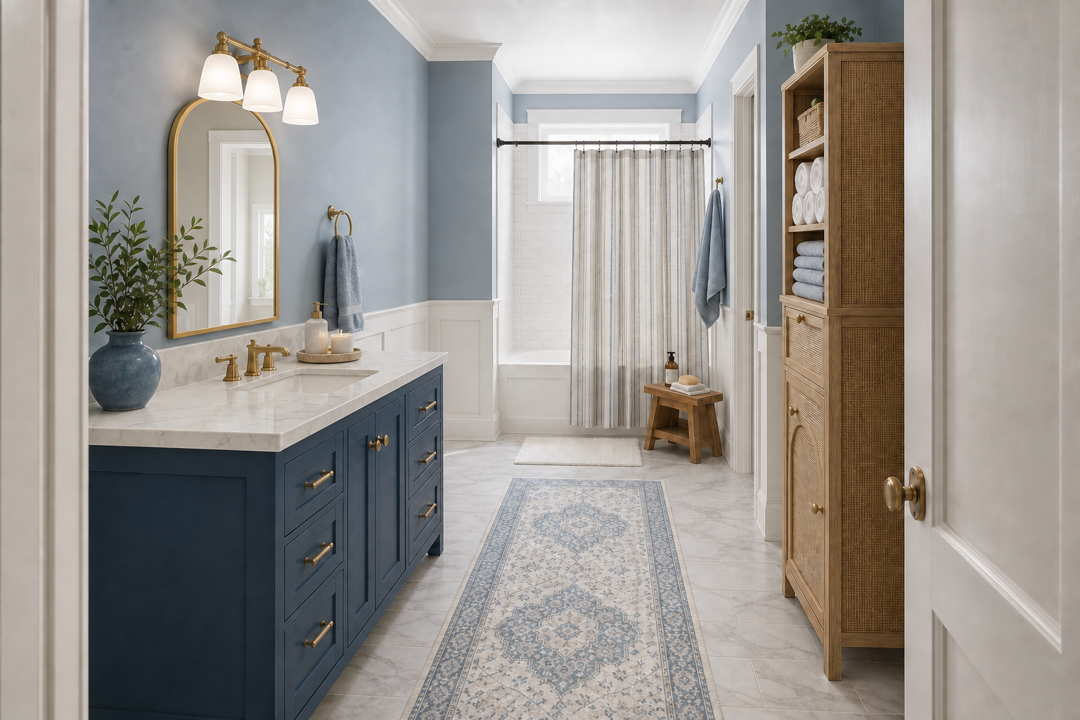 A Cool Blue Transitional Bathroom with Warm Wood and Aged Brass