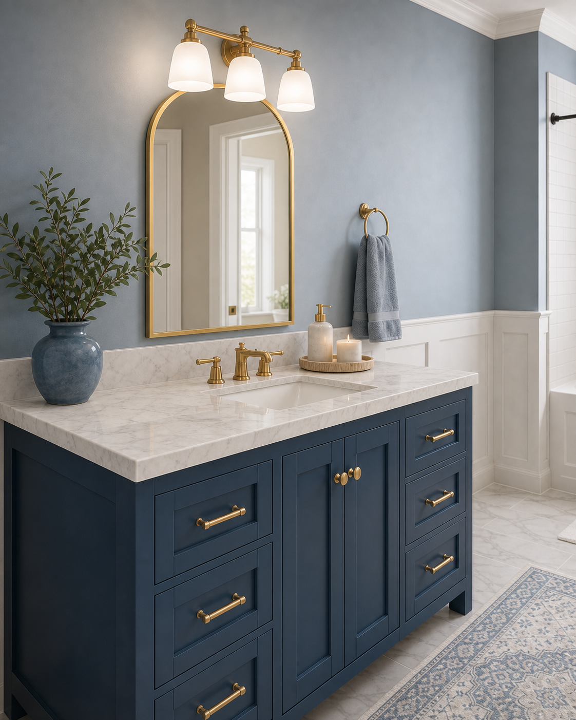 Blue single-sink vanity with brass faucet, gold arched mirror, and three-light vanity fixture in a cool blue bathroom