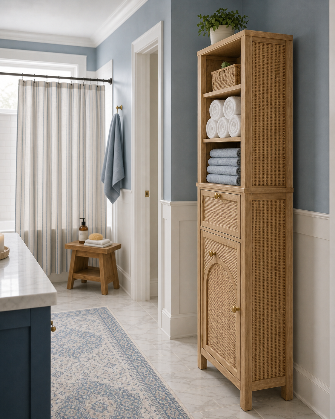 Natural rattan linen cabinet with folded towels in a cool blue transitional bathroom