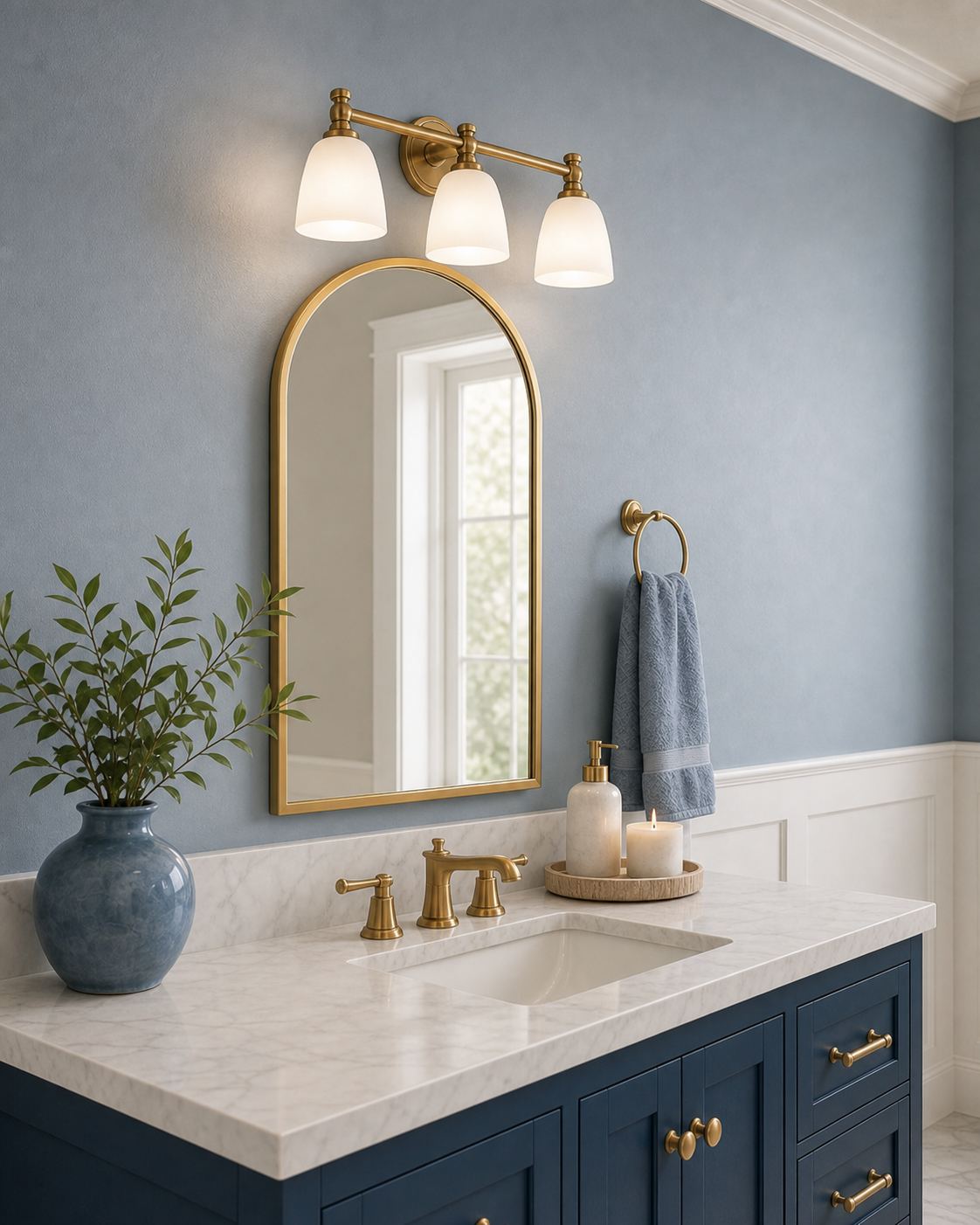 Aged-brass three-light vanity fixture over a gold arched mirror and blue bathroom vanity