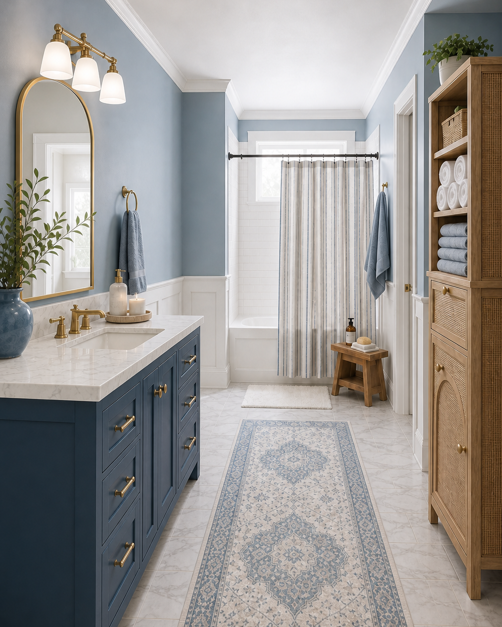 Full cool blue transitional bathroom with blue vanity, rattan linen cabinet, runner, and striped shower curtain