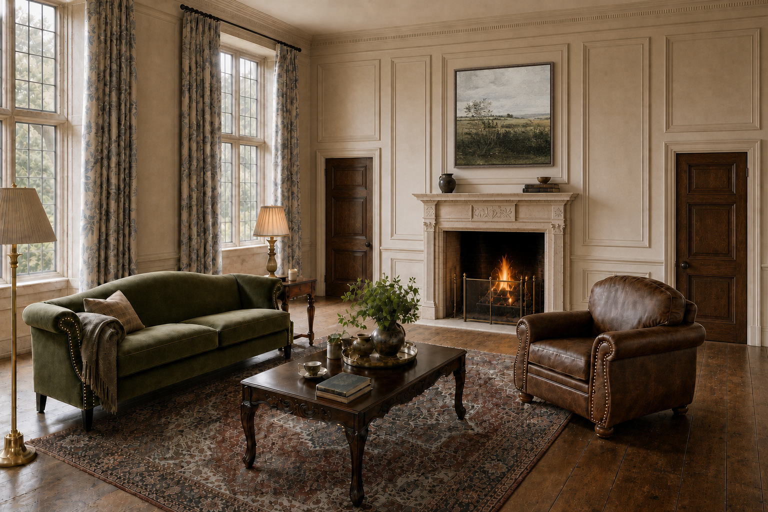A Collected English Manor Living Room in Olive, Garnet, and Aged Brass