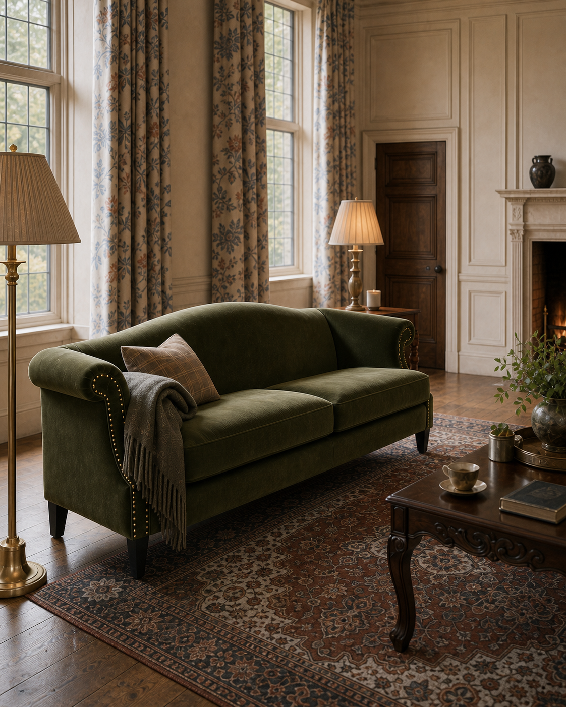 Olive velvet camelback sofa with plaid pillow and throw in a paneled English manor living room