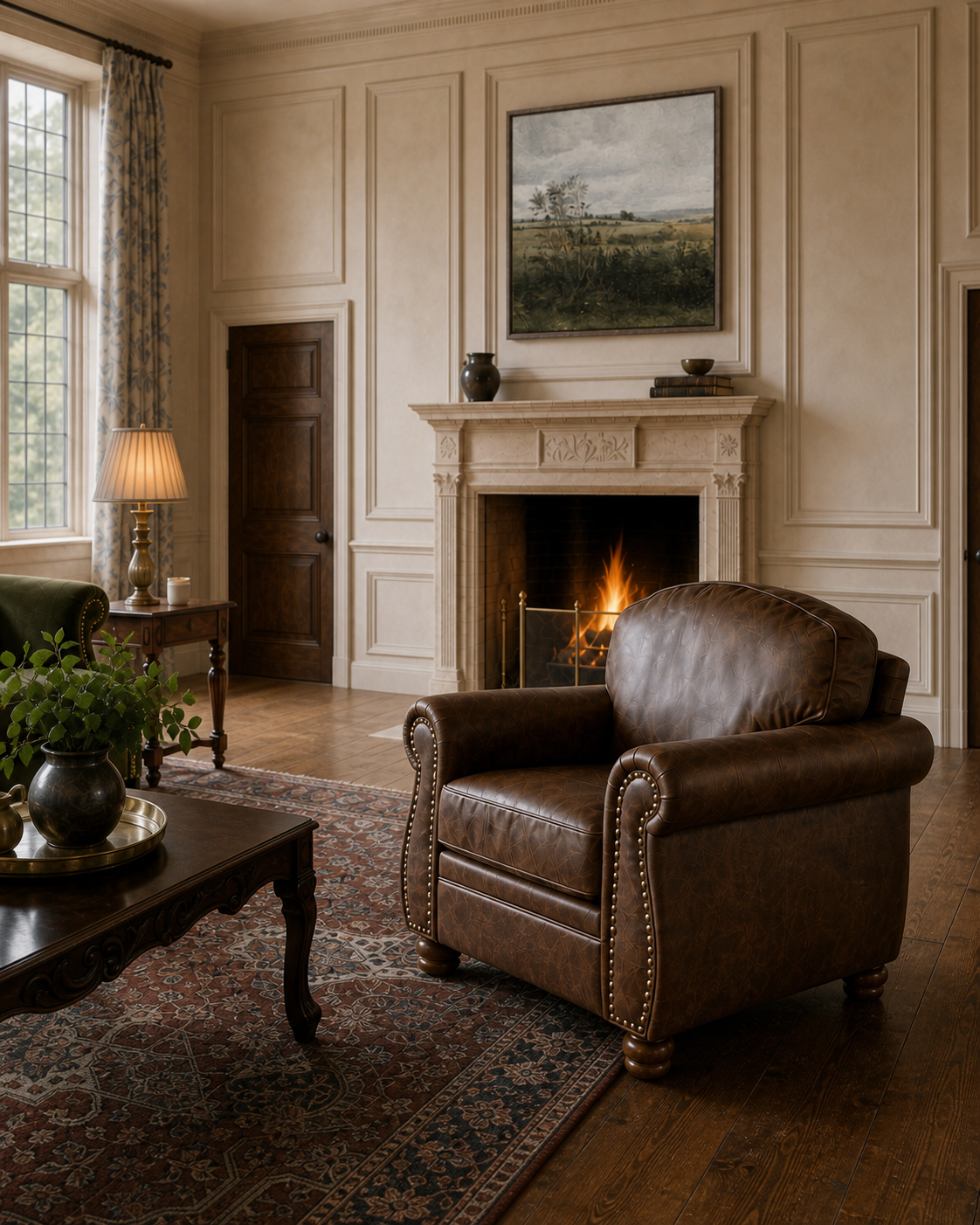 Brown rolled-arm chair with nailhead trim in front of a carved fireplace and vintage landscape painting
