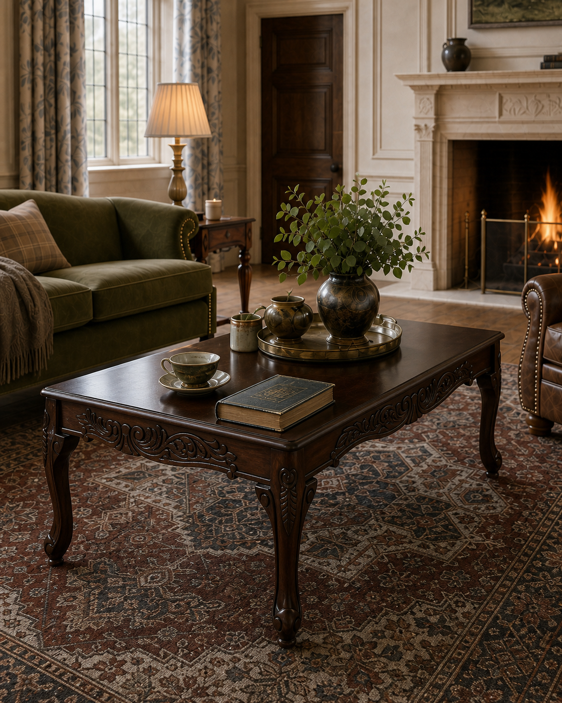 Ornate dark-cherry coffee table styled with brass tray, ceramic vases, greenery, teacup, and antique book