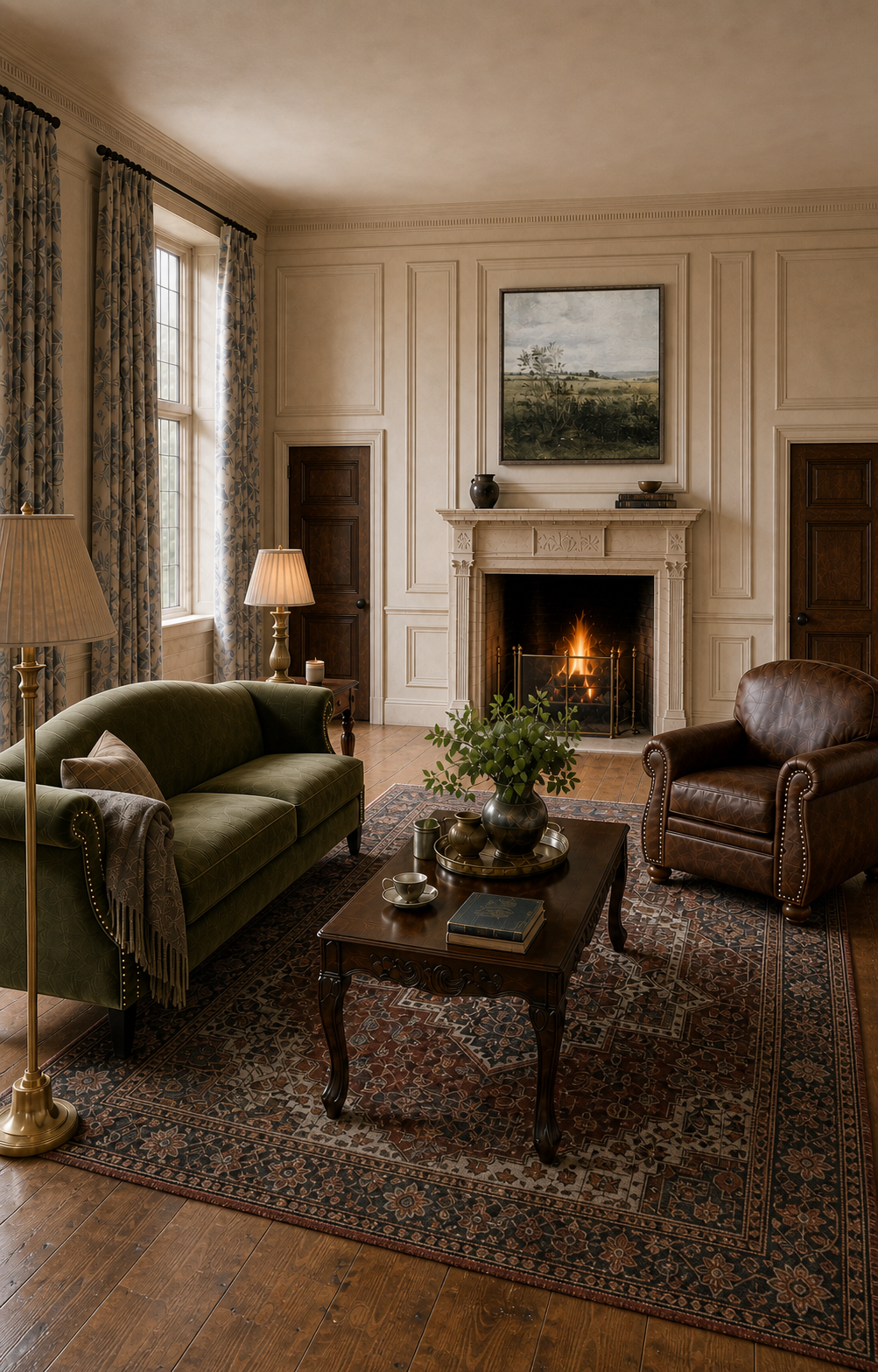 Full English manor living room with olive sofa, brown chair, carved fireplace, floral curtains, and maroon rug