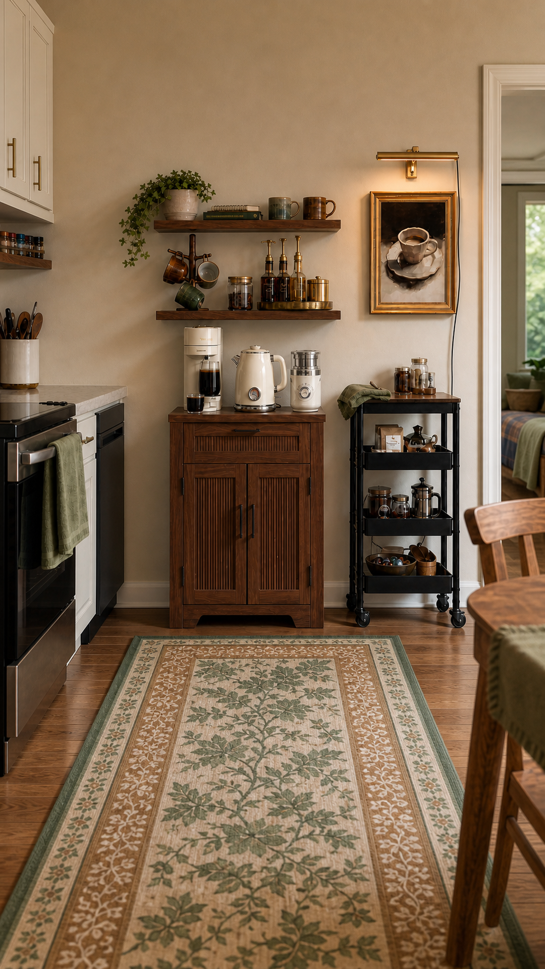 Vertical full view of a compact warm walnut coffee bar in a small college apartment