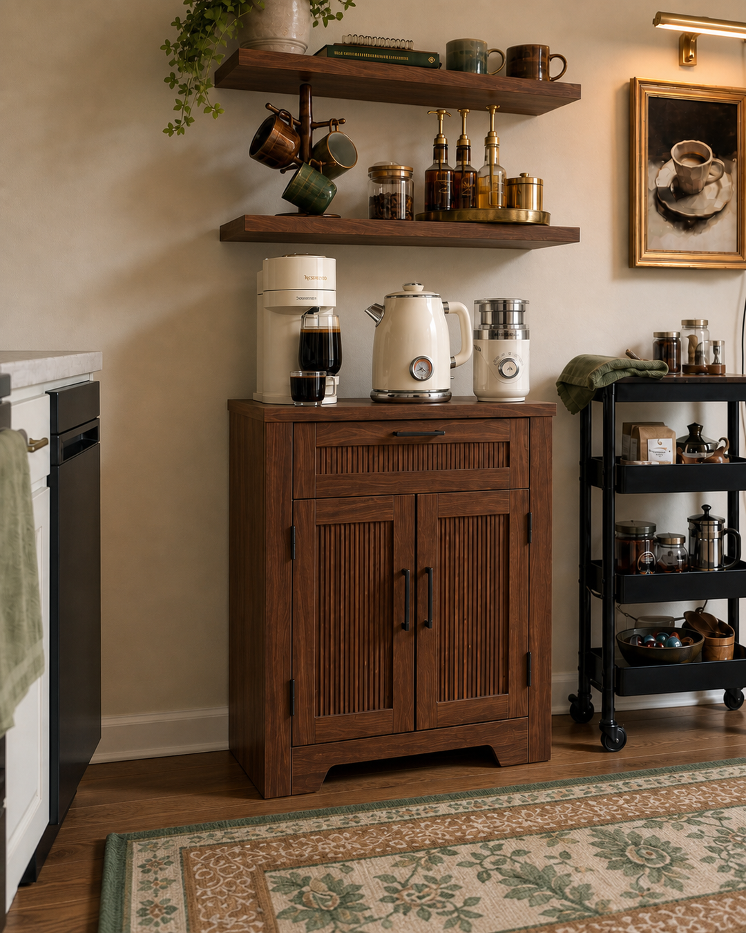 Close view of the narrow walnut fluted cabinet anchoring a college apartment coffee station