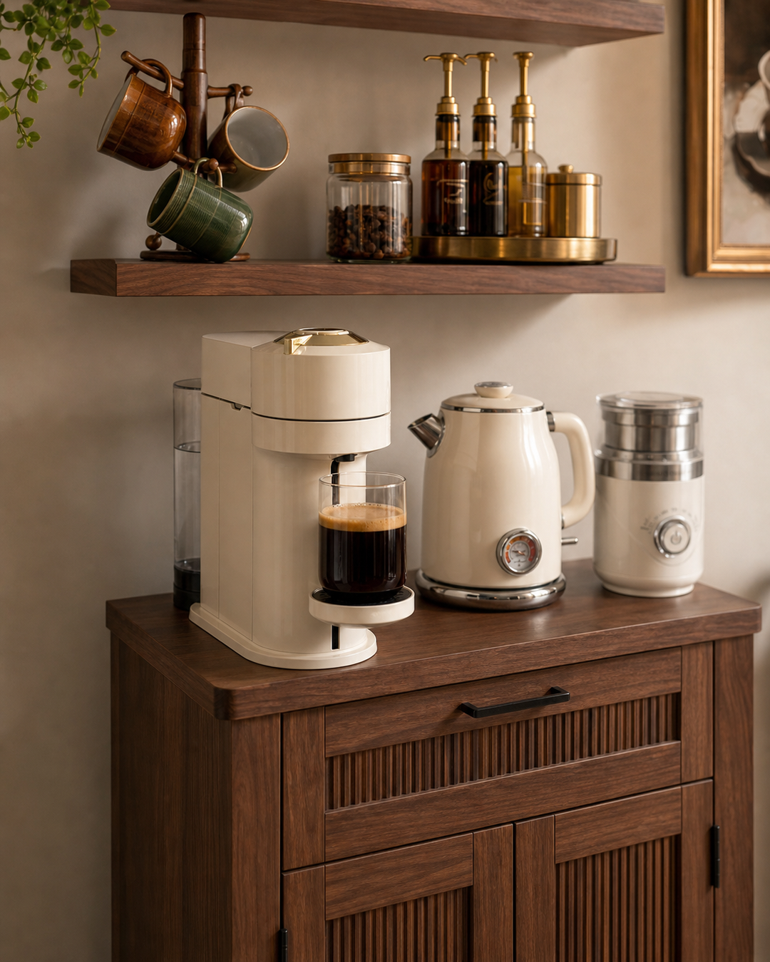 Close view of a cream and gold Nespresso on the compact walnut coffee bar