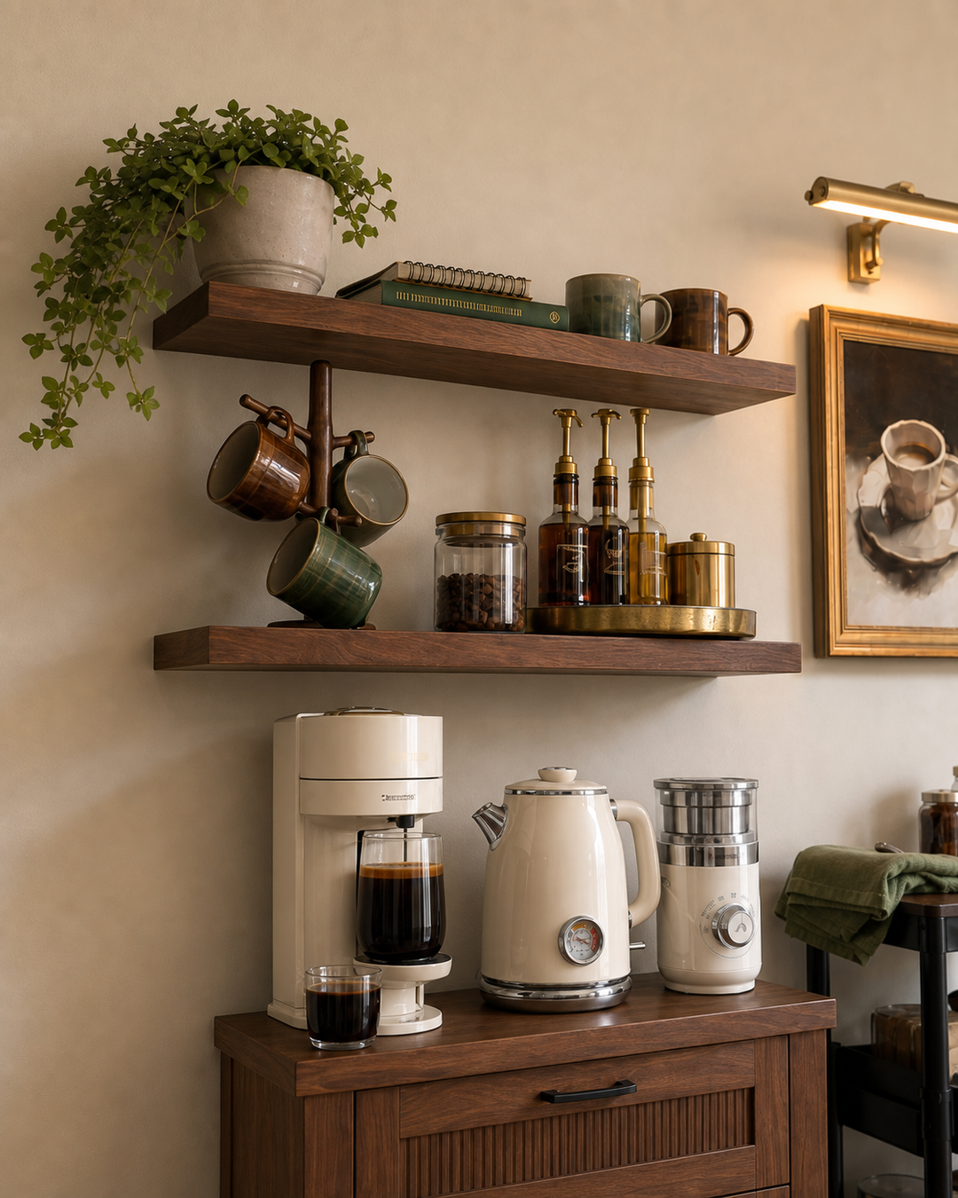 Walnut floating shelves styled above a compact apartment coffee bar