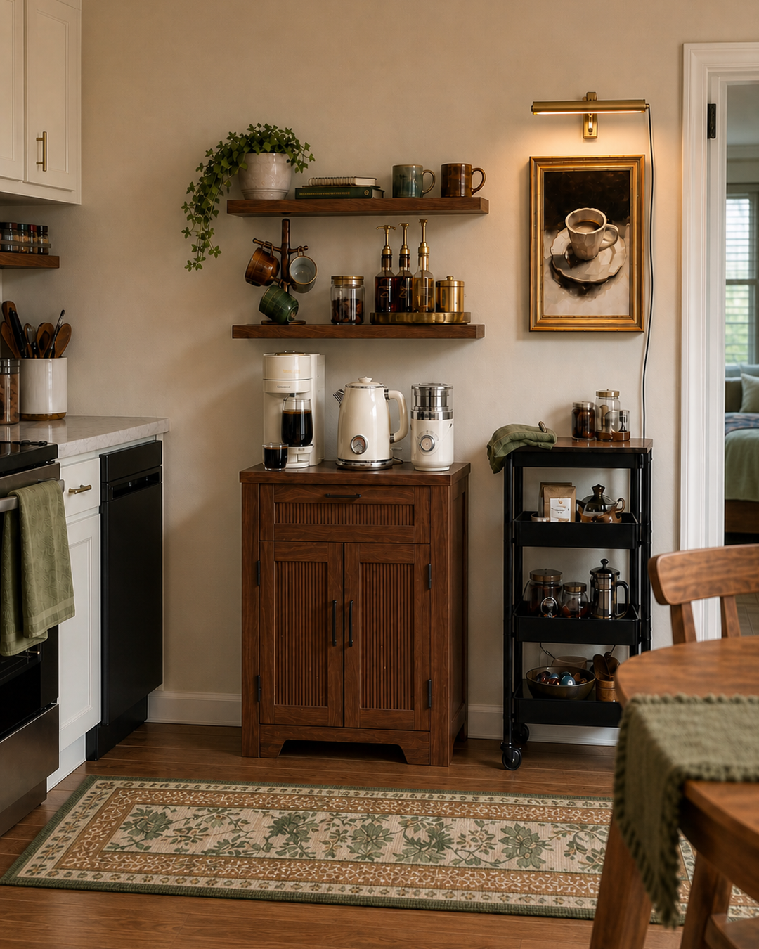 Compact walnut coffee nook with a straight olive and terracotta runner in a small college apartment