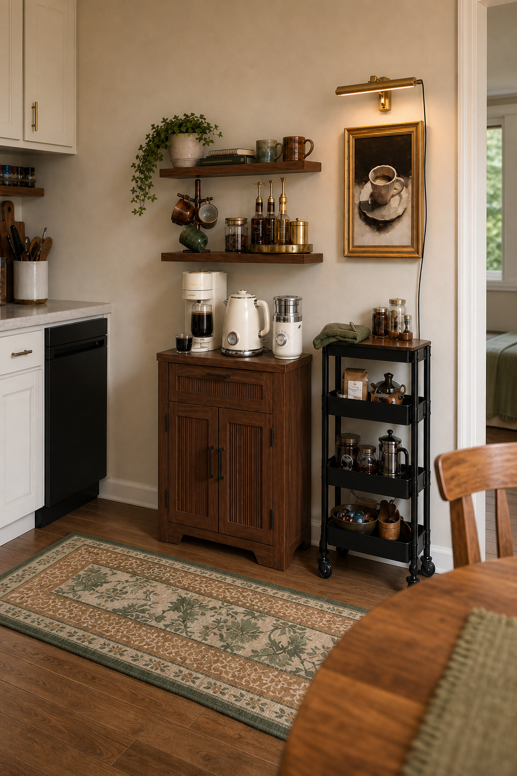 Alternate angle of a renter-friendly walnut coffee station at the edge of a small college apartment kitchen