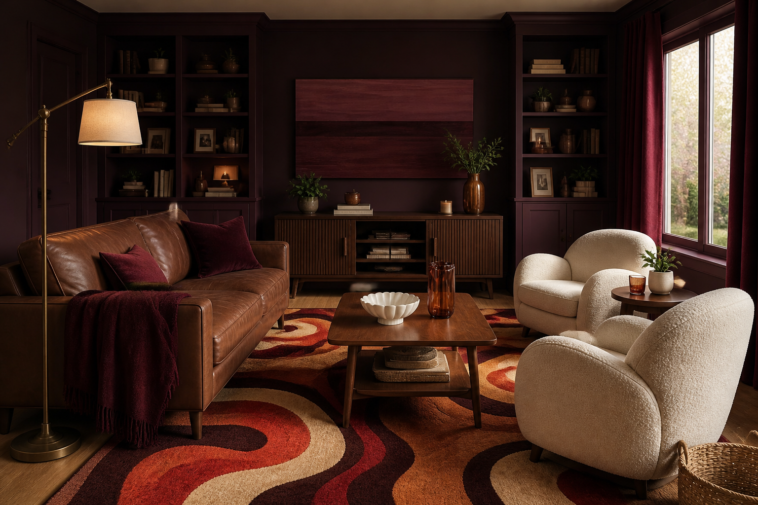 Aubergine Living Room Ideas with Walnut, Tobacco Leather, and Wine Velvet