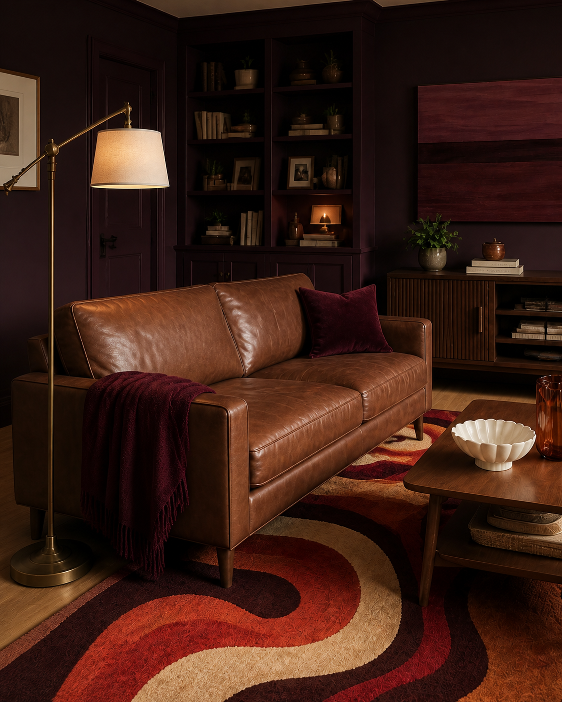 Tobacco leather sofa in the aubergine living room
