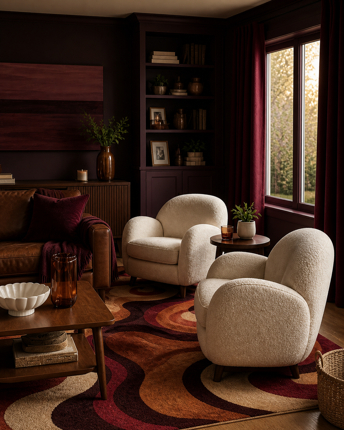 Sculptural cream chairs in the aubergine living room
