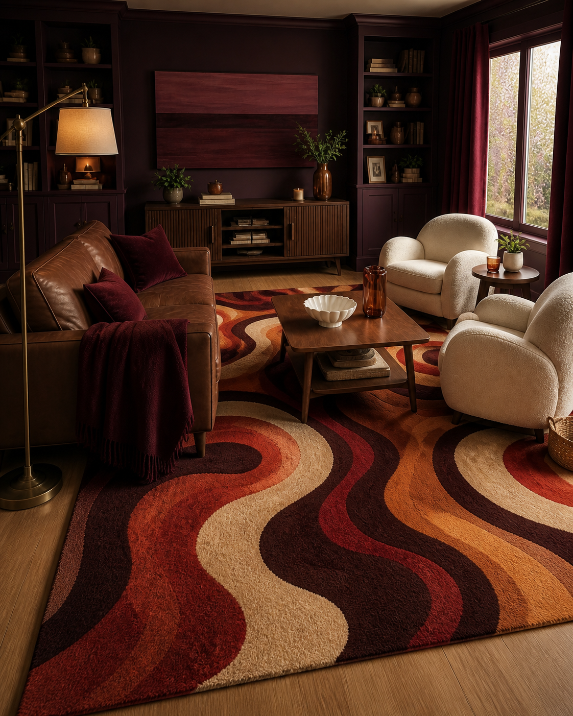 Graphic burgundy and ochre rug in the aubergine living room