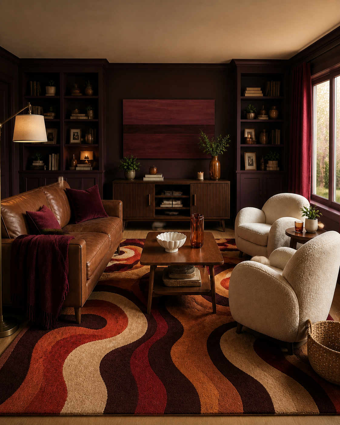 Aubergine living room with walnut and wine-red accents