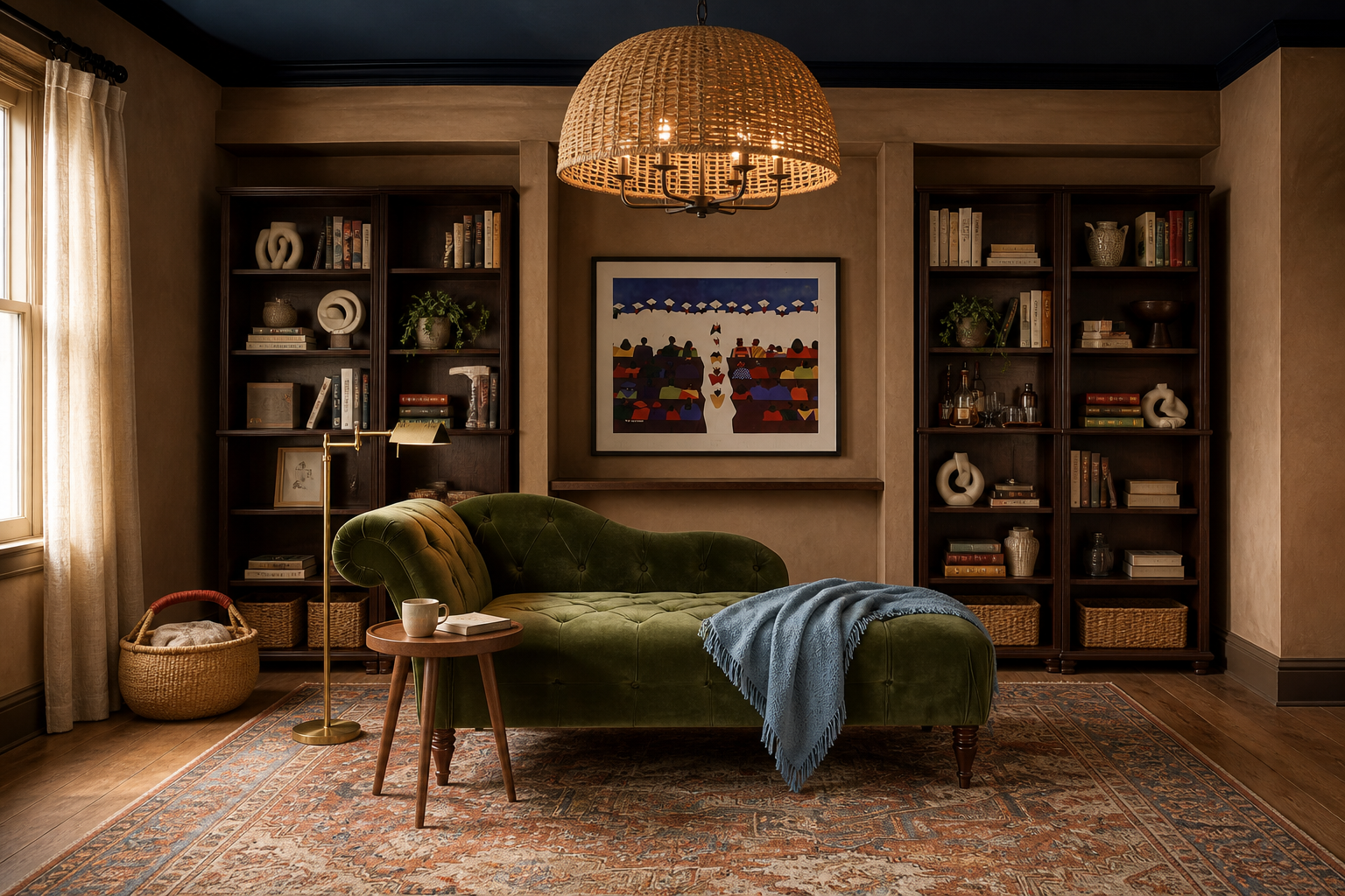 Clay and Indigo Reading Room Ideas with Olive Velvet and Walnut