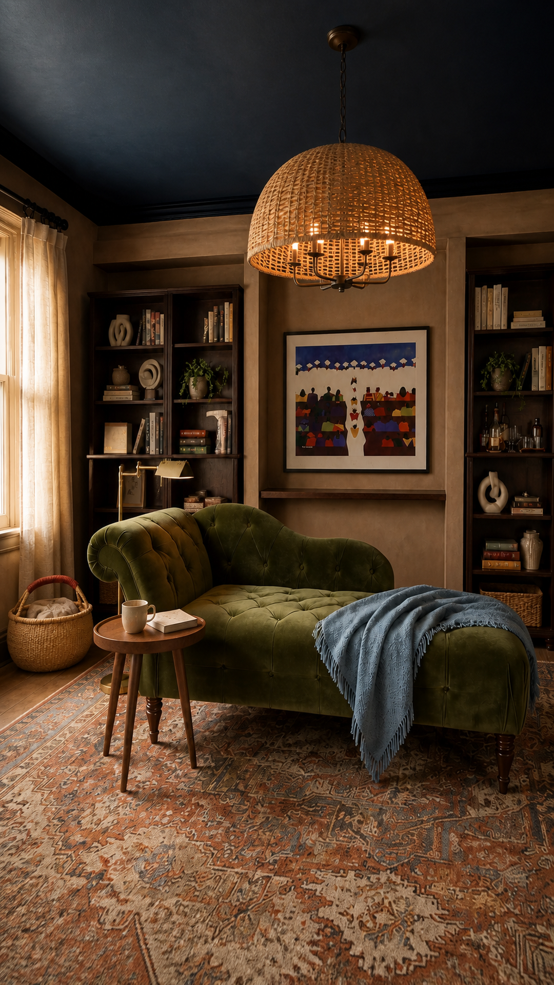 Vertical view of the clay and indigo reading salon with olive chaise, walnut library wall, and woven pendant