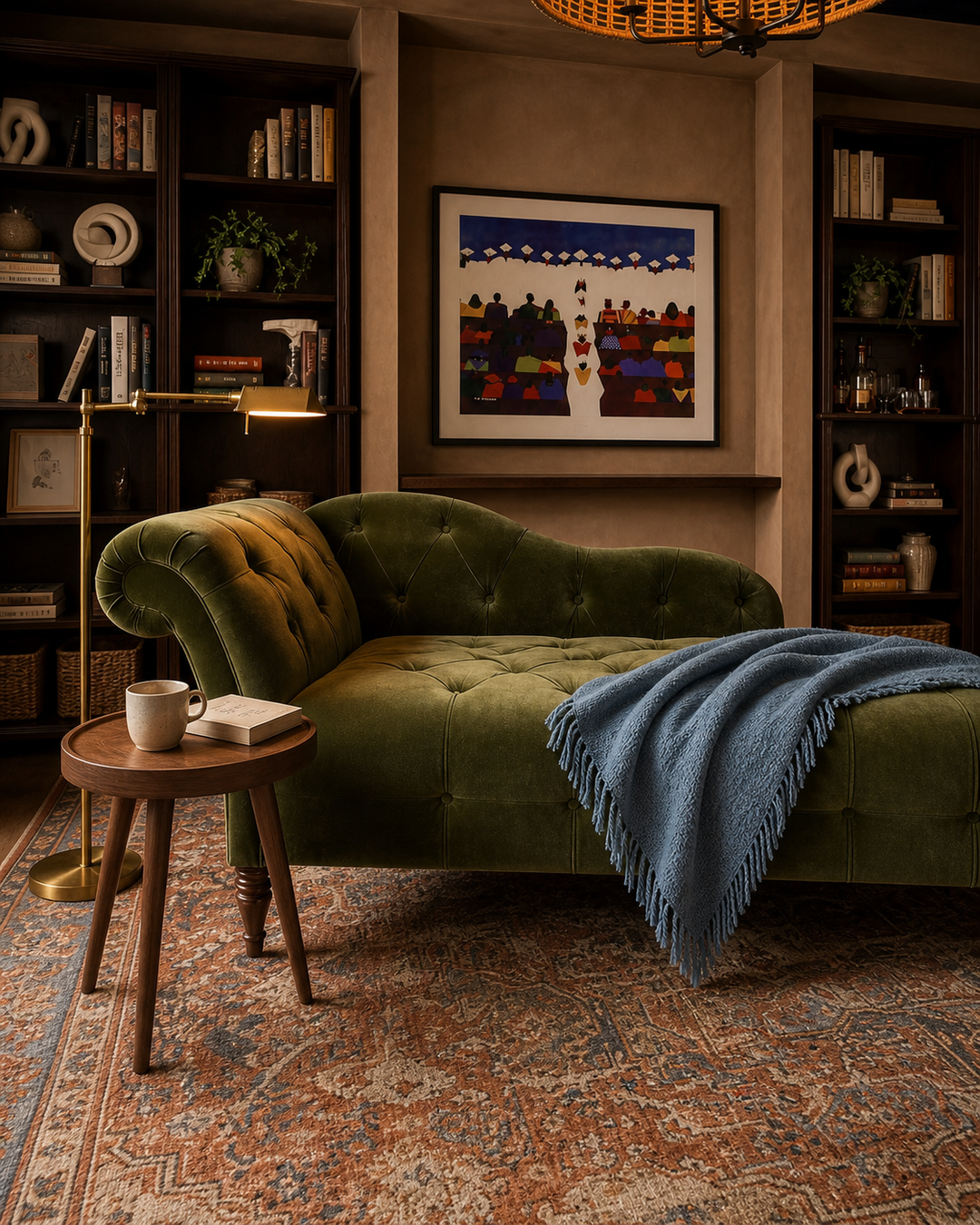 Olive velvet tufted chaise in the clay and indigo reading salon