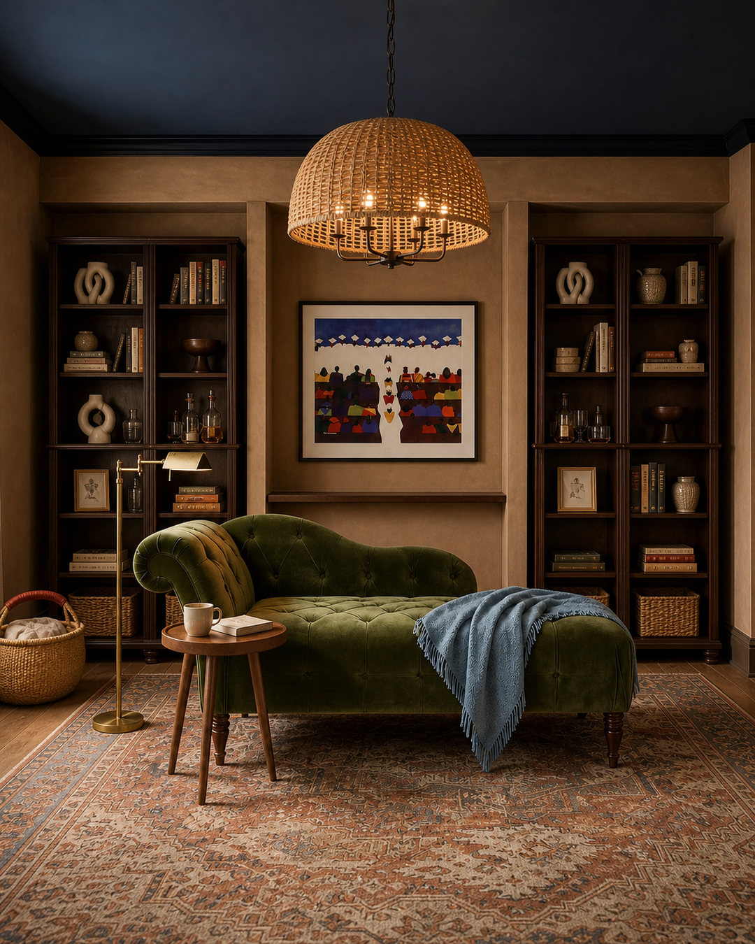 Paired walnut bookcases and Synthia Saint James artwork forming the reading room library wall