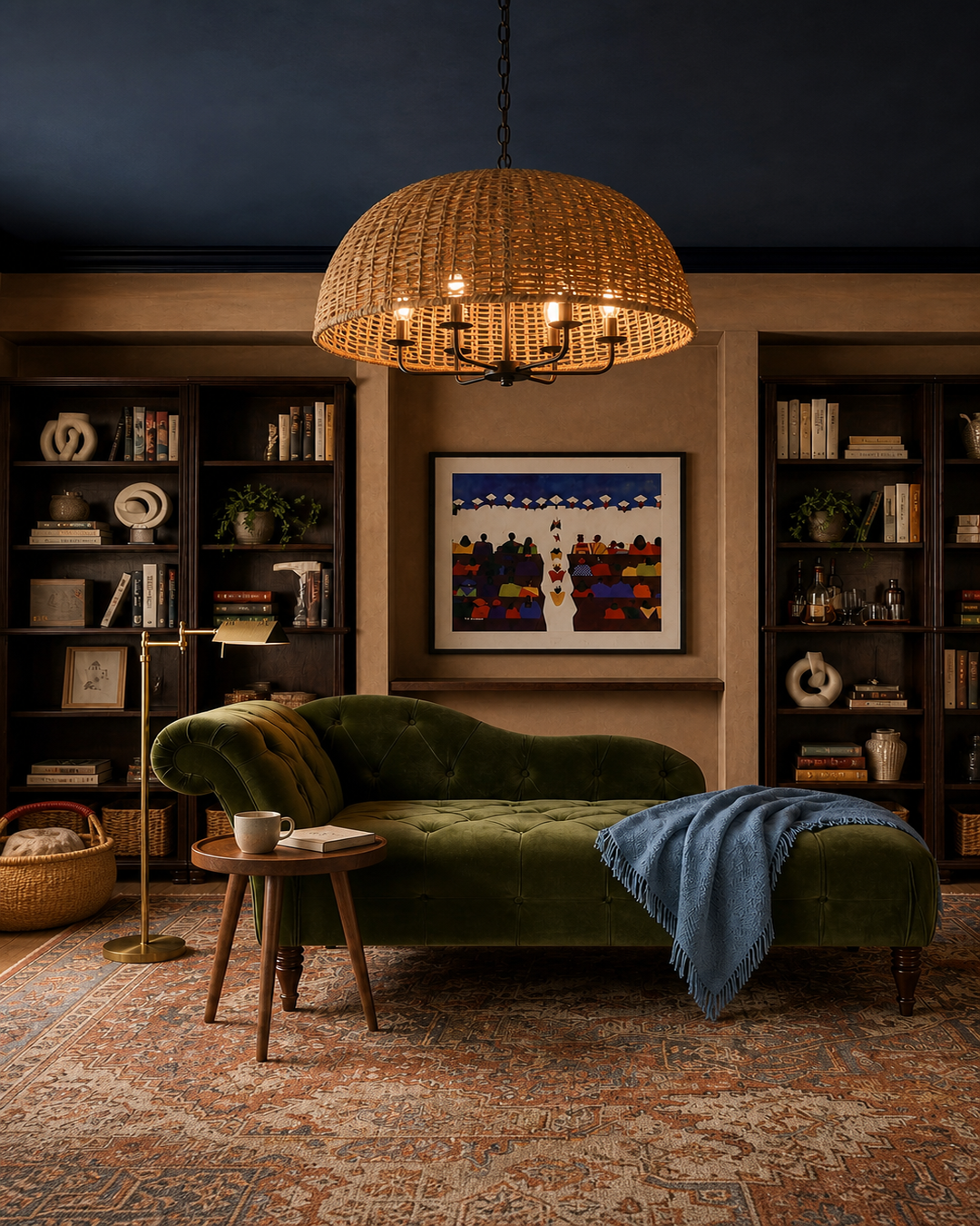 Large woven cattail dome pendant beneath a deep indigo ceiling