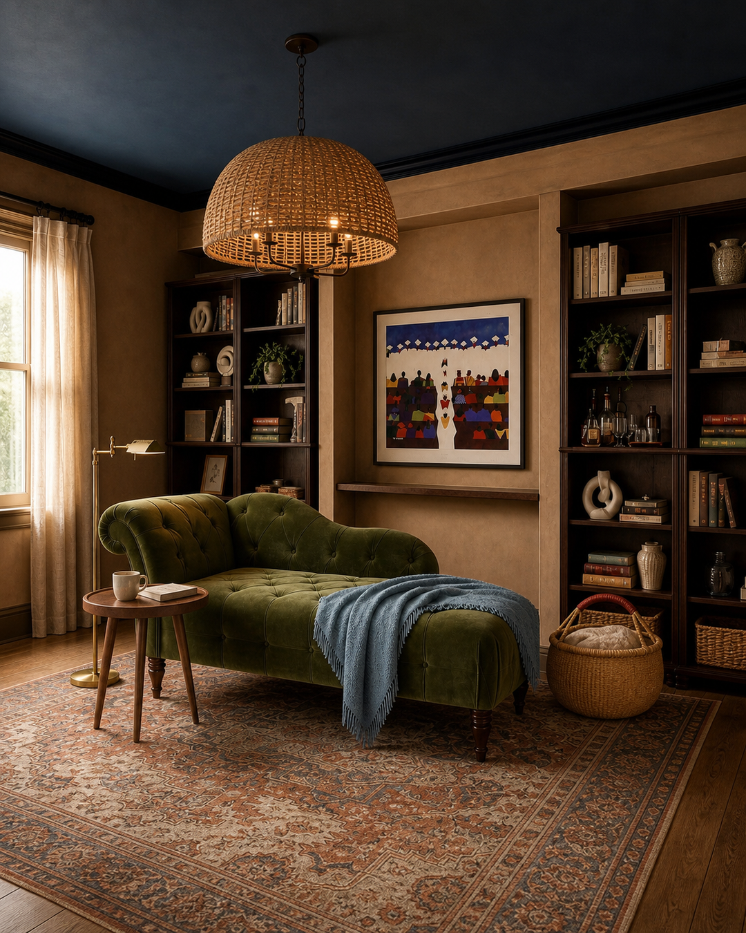 Clay indigo and walnut reading room with olive chaise and woven pendant