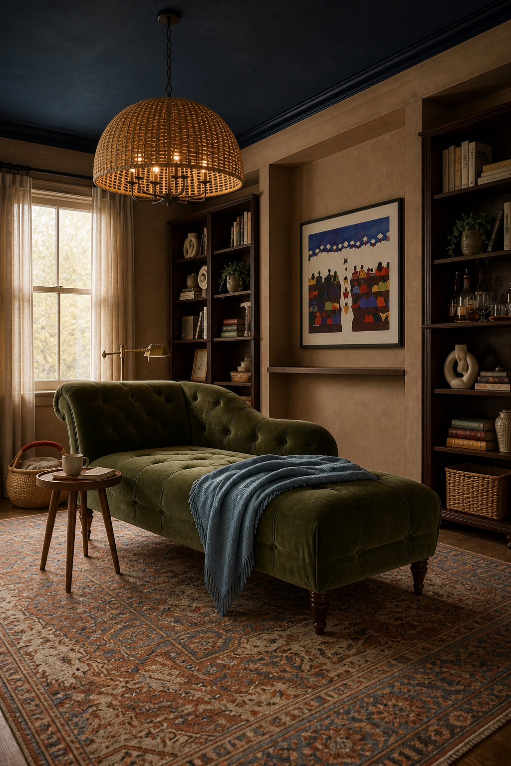 Alternate view across olive chaise toward the window and walnut library wall