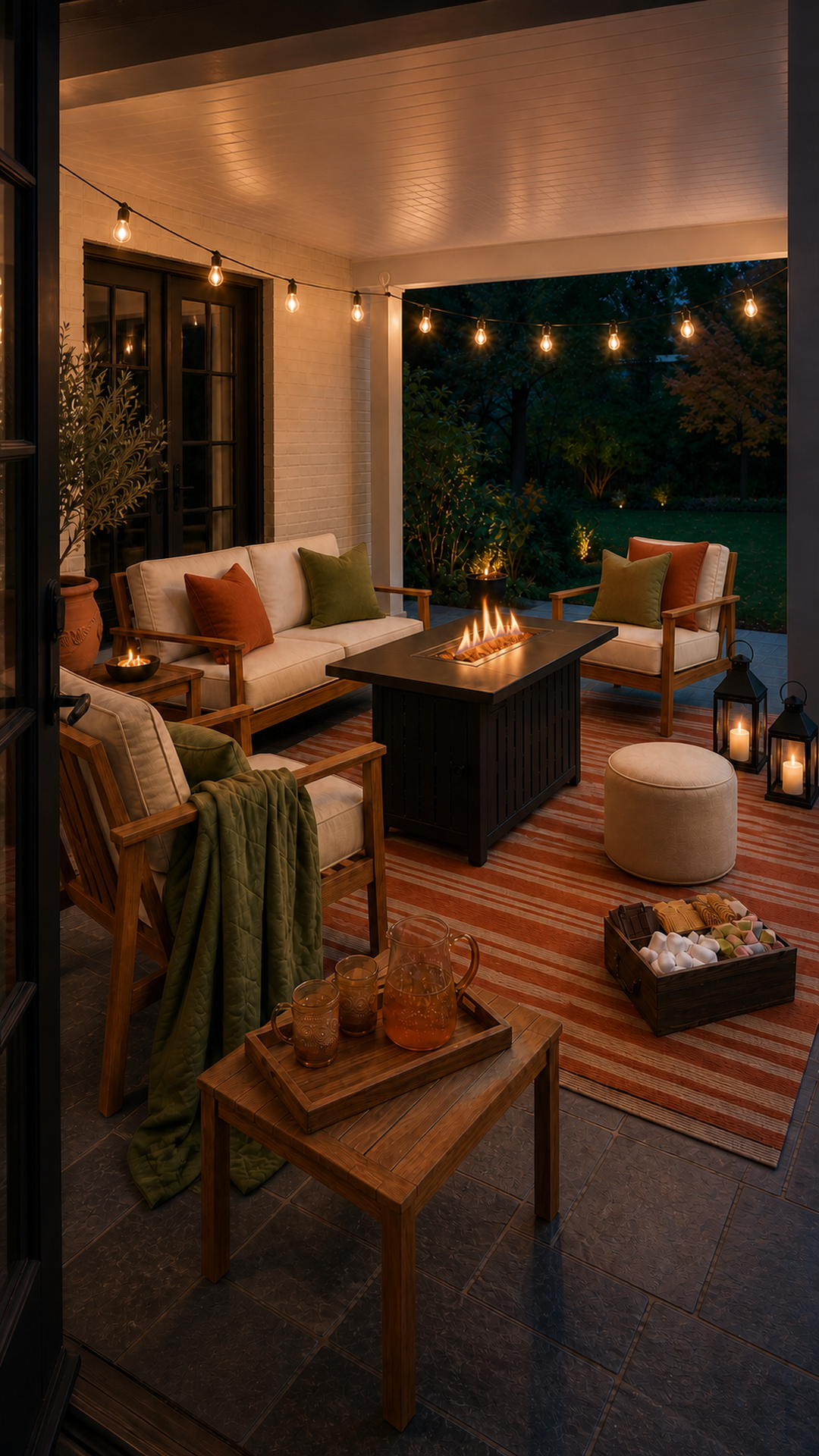 Vertical view into a fall patio lounge with warm string lights and a cider serving table