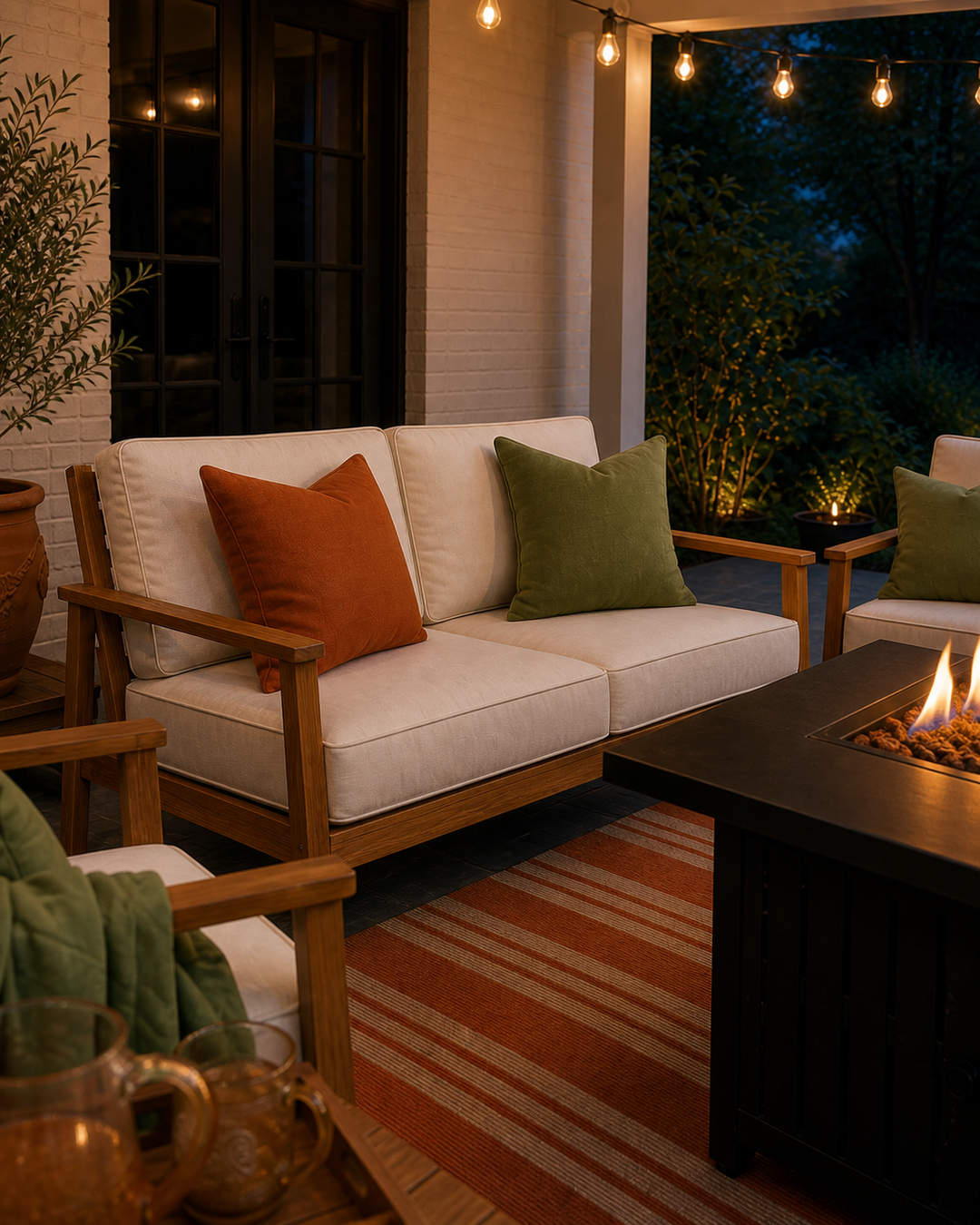 Natural acacia loveseat with cream cushions, burnt-orange and moss-green pillows