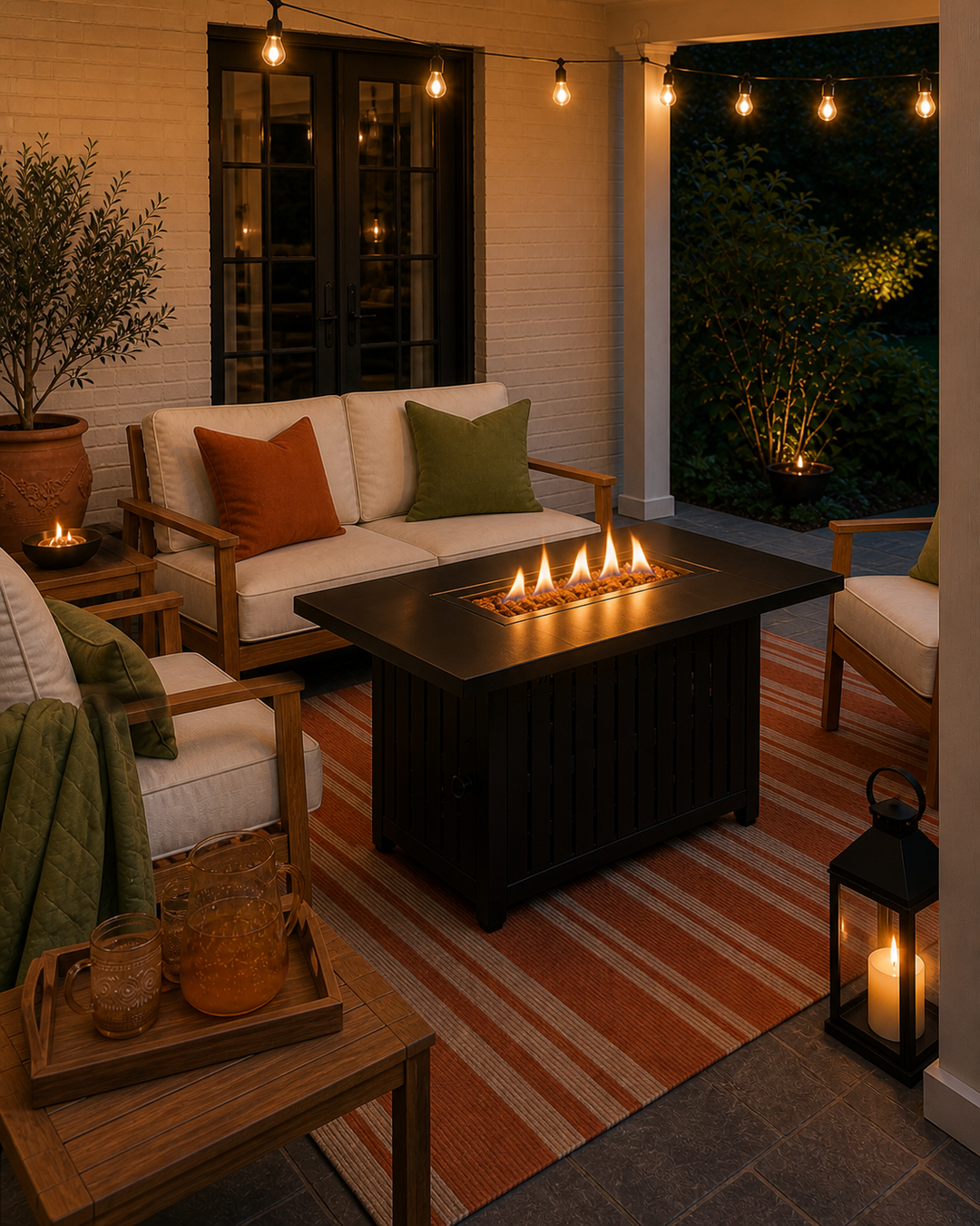 Black rectangular propane fire-pit table glowing in a covered patio lounge