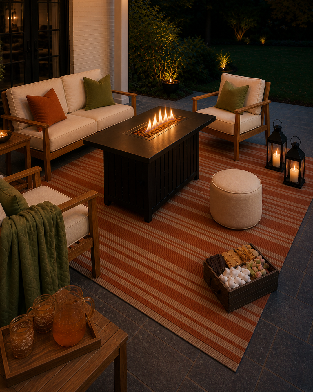 Terracotta and beige striped outdoor rug grounding a fall patio conversation area