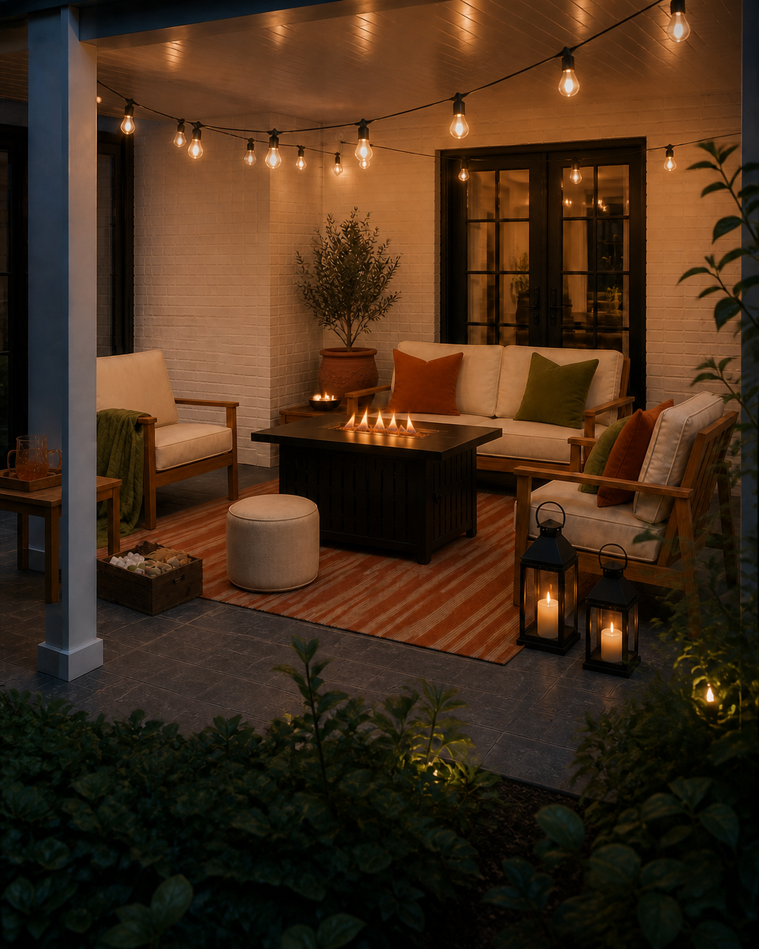 Garden-side view of the complete covered fall patio lounge at blue hour