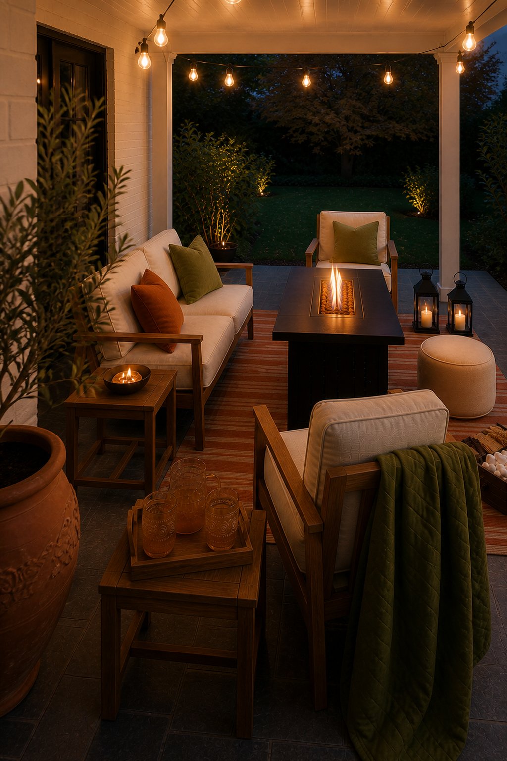 Alternate angle across an acacia patio lounge toward a cool early-fall garden