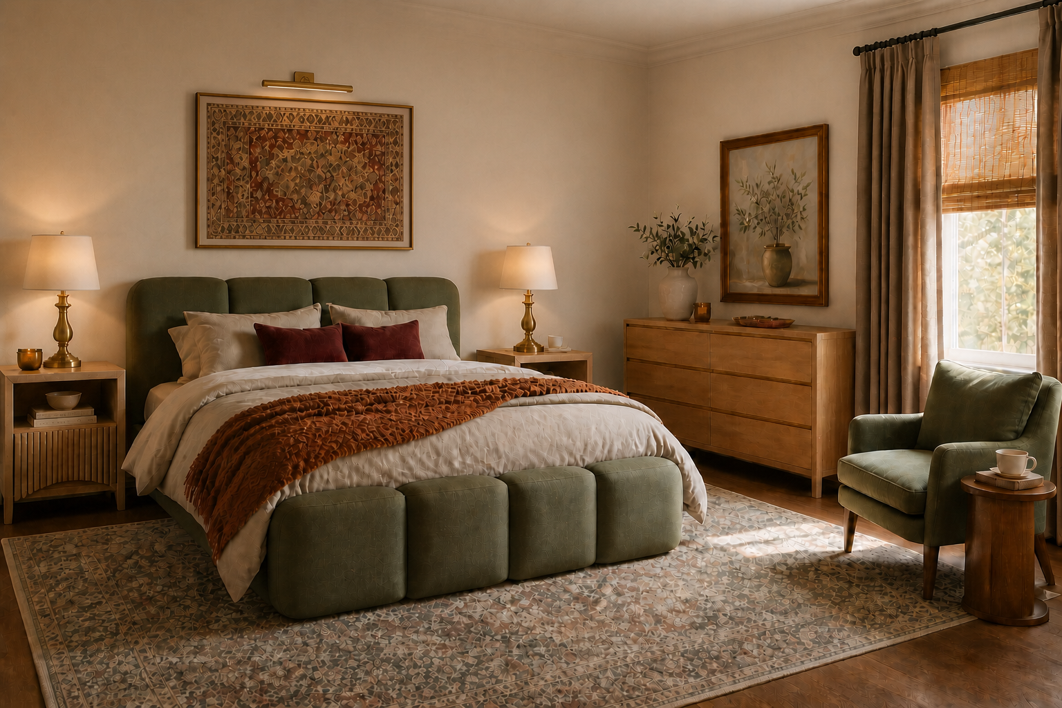 An Olive Green Transitional Bedroom Layered with Oak, Rust, and Vintage Pattern