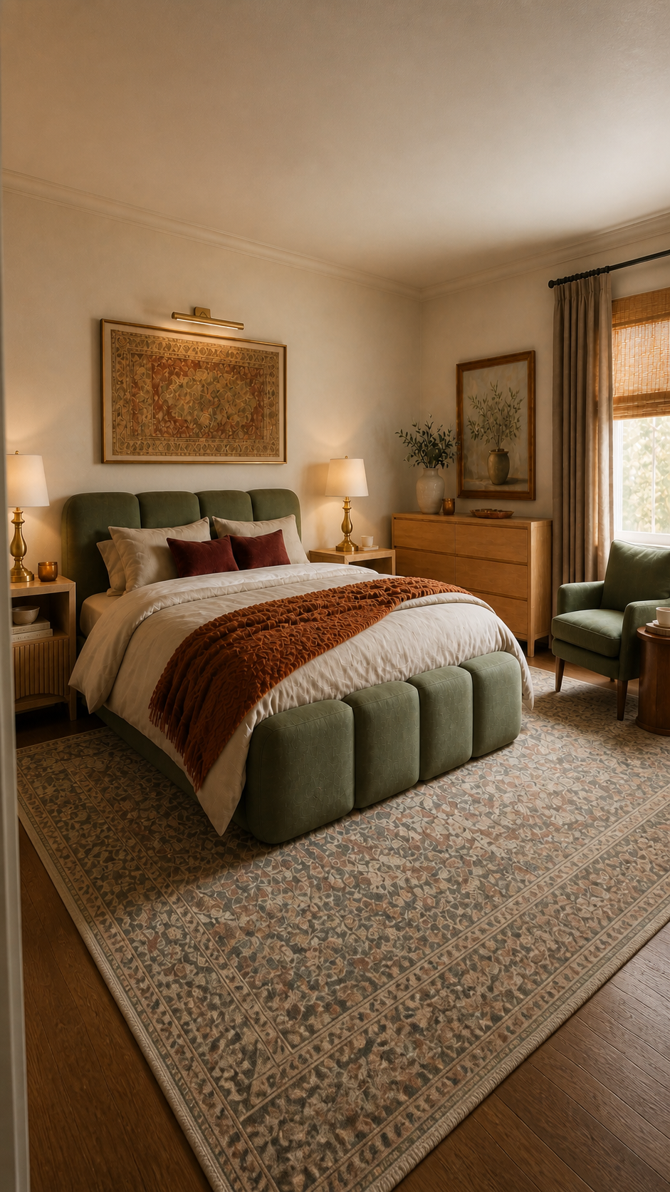 vertical view of olive green bedroom with vintage rug and rust throw