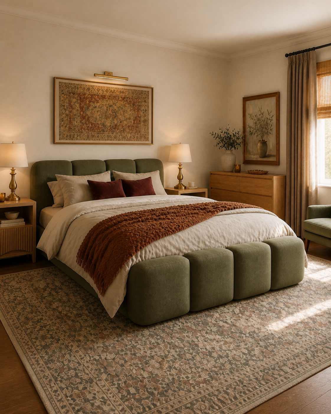 olive segmented upholstered bed with taupe bedding and burgundy pillows