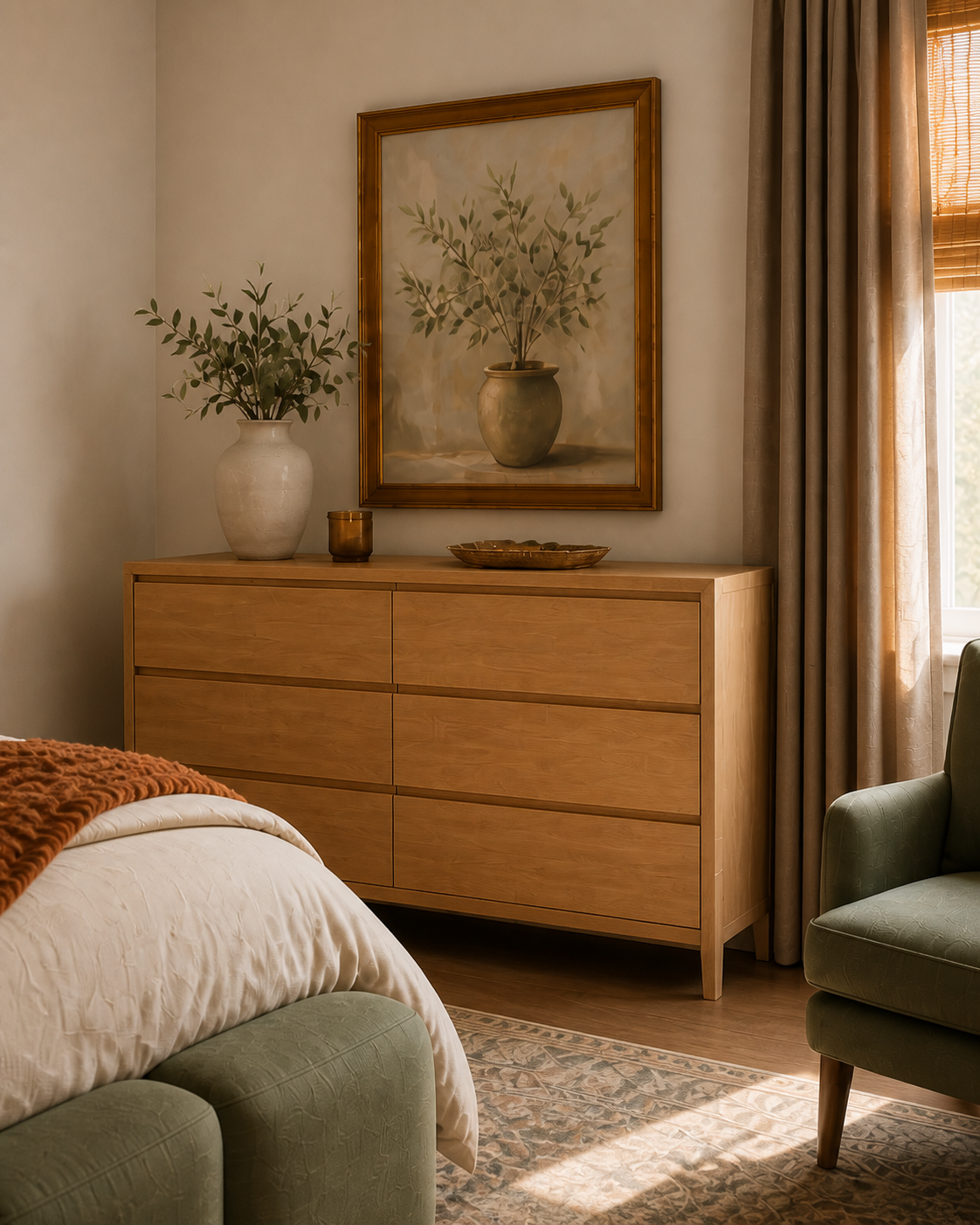 natural oak six drawer dresser beneath framed olive tree art