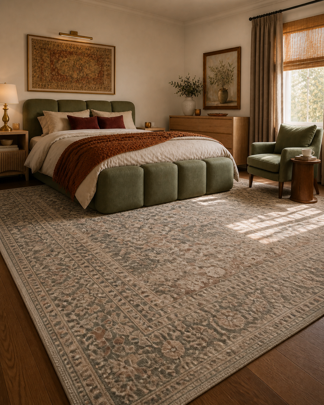 faded lagoon and beige vintage-style rug in olive green bedroom