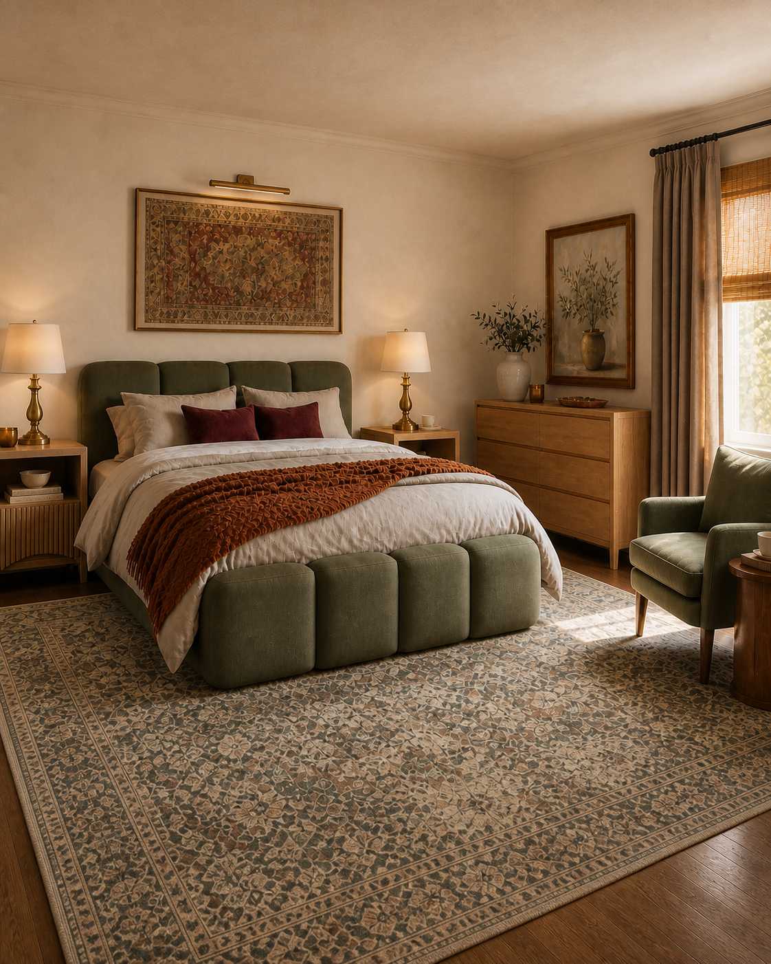 warm olive bedroom with oak dresser and brass lighting