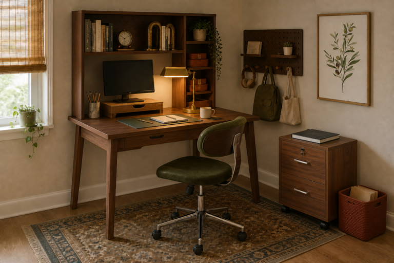 Warm small-space study nook with walnut desk, olive task chair, desktop hutch, brass lamp, and botanical art