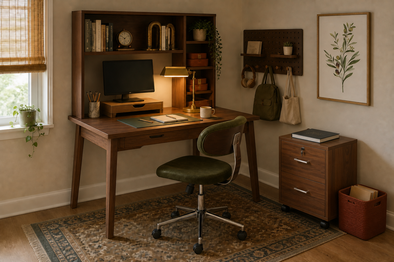 A Warm Small-Space Study Nook in Walnut and Olive
