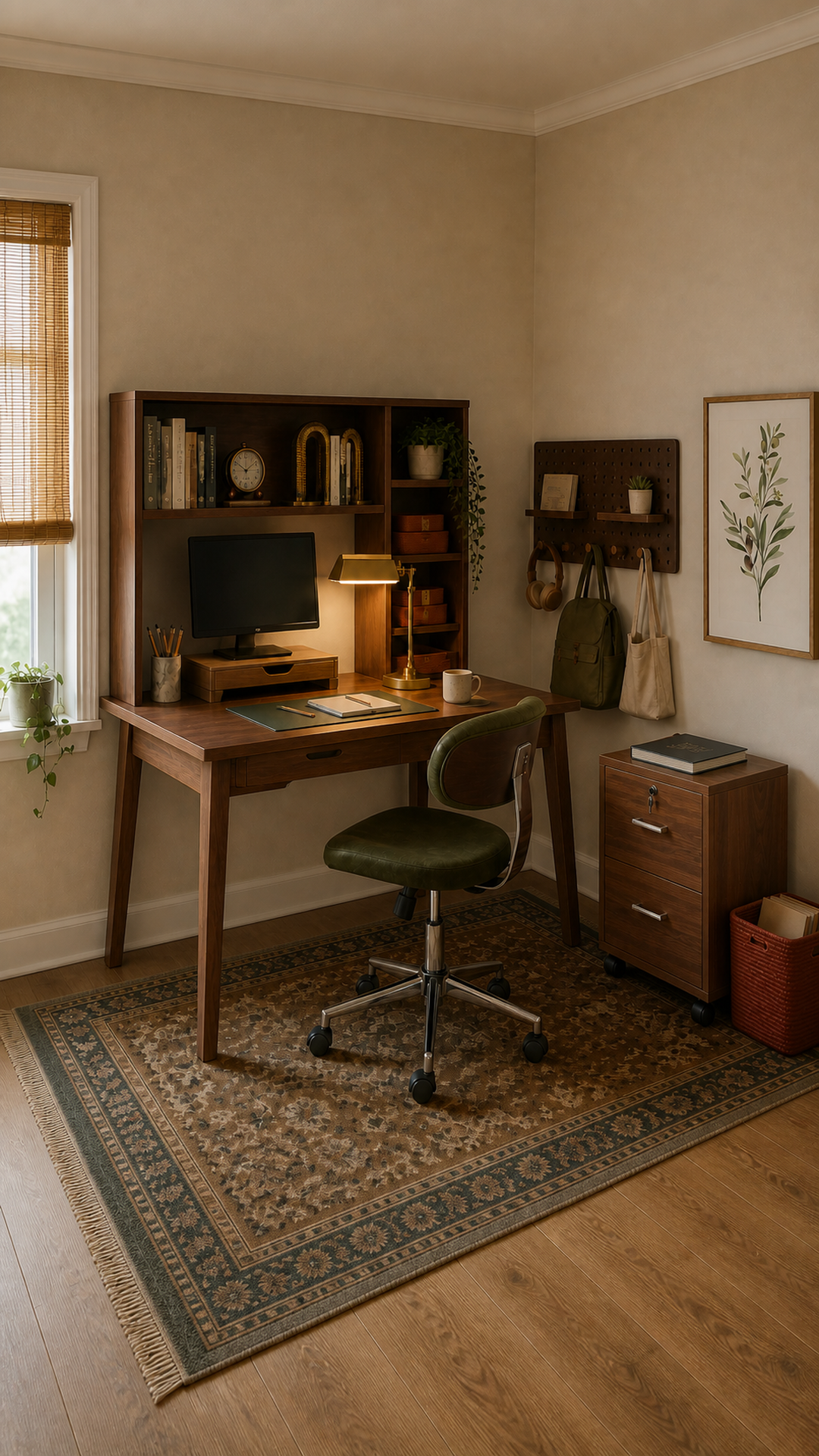 Tall Pinterest view of a renter-friendly small-space study nook